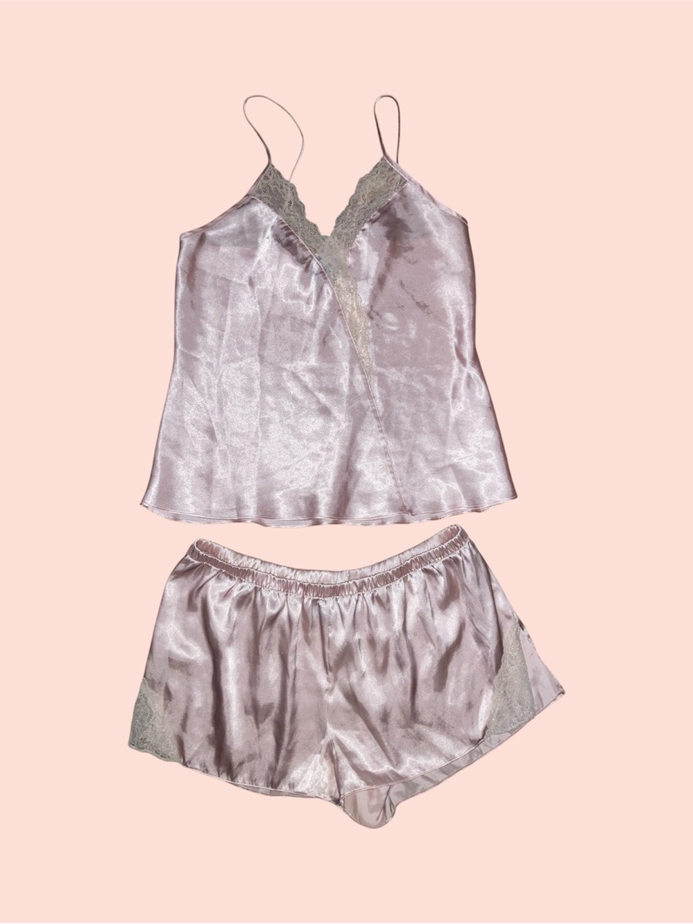 Pink Satin Lace Tank Top & Shorts Set